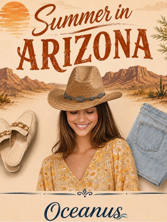 Oceanus Accessories - Straw like woven Western Hat with Concho Band - Tan